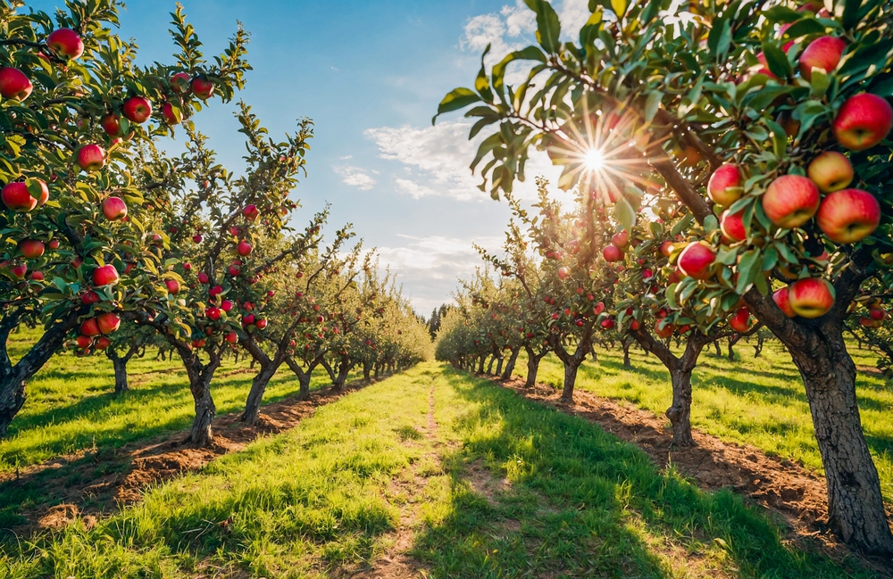 Sunlight shining through rows of apple trees at a fall orchard