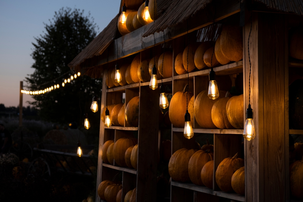 An illuminated pumpkin house display on an atmospheric autumn evening